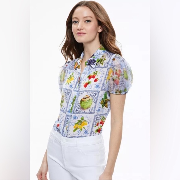 ALICE + OLIVIA Willa Puff Sleeve Fruit Market Blouse Top Shirt Medium 100% Silk - Picture 13 of 16